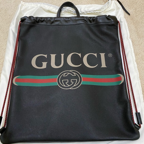 💯Gucci Print XL BLK Leather Drawstring Backpack